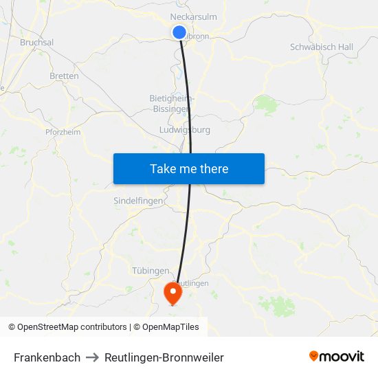 Frankenbach to Reutlingen-Bronnweiler map