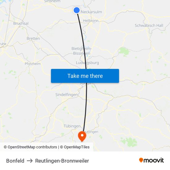 Bonfeld to Reutlingen-Bronnweiler map