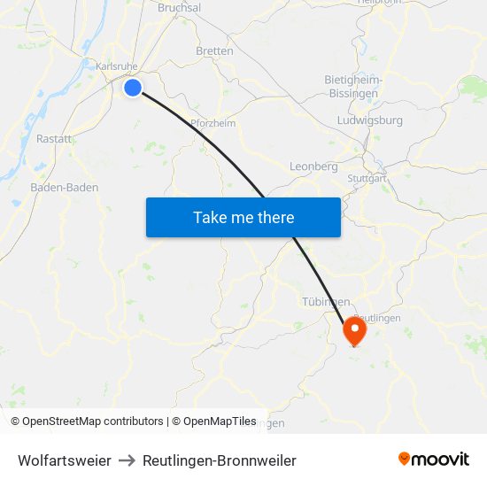 Wolfartsweier to Reutlingen-Bronnweiler map