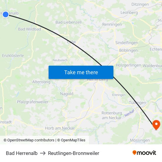 Bad Herrenalb to Reutlingen-Bronnweiler map