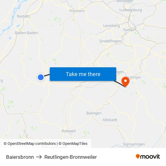 Baiersbronn to Reutlingen-Bronnweiler map