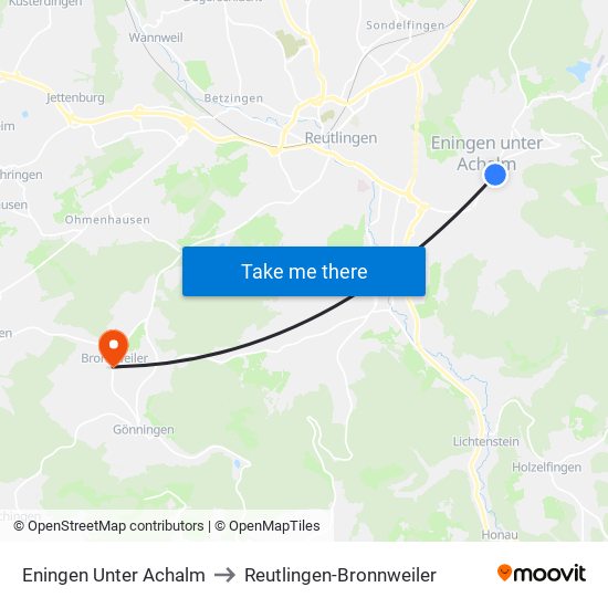 Eningen Unter Achalm to Reutlingen-Bronnweiler map