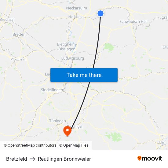 Bretzfeld to Reutlingen-Bronnweiler map