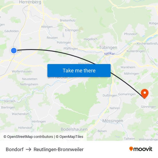 Bondorf to Reutlingen-Bronnweiler map