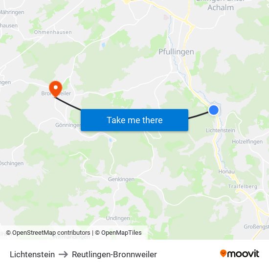 Lichtenstein to Reutlingen-Bronnweiler map