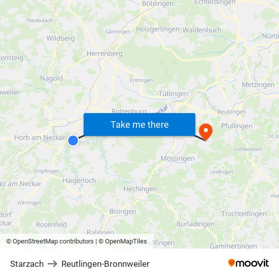 Starzach to Reutlingen-Bronnweiler map
