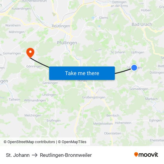 St. Johann to Reutlingen-Bronnweiler map