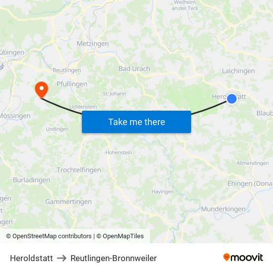 Heroldstatt to Reutlingen-Bronnweiler map