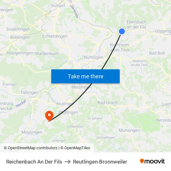 Reichenbach An Der Fils to Reutlingen-Bronnweiler map