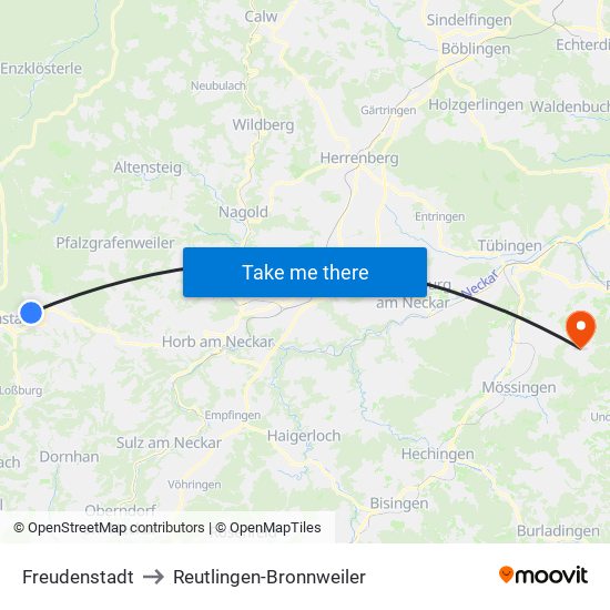 Freudenstadt to Reutlingen-Bronnweiler map