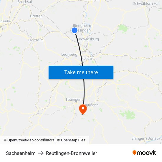 Sachsenheim to Reutlingen-Bronnweiler map