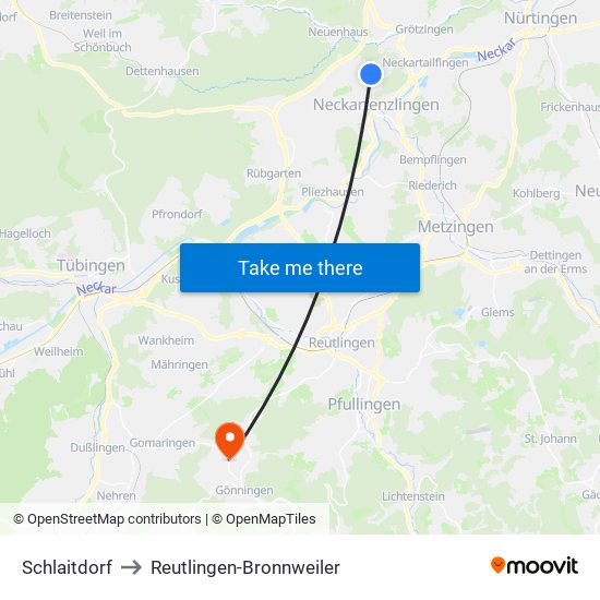 Schlaitdorf to Reutlingen-Bronnweiler map