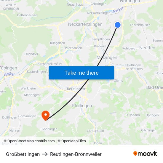 Großbettlingen to Reutlingen-Bronnweiler map