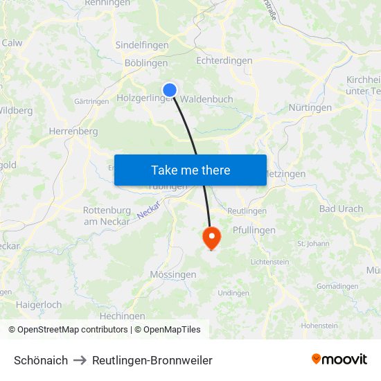 Schönaich to Reutlingen-Bronnweiler map
