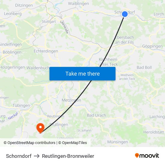 Schorndorf to Reutlingen-Bronnweiler map