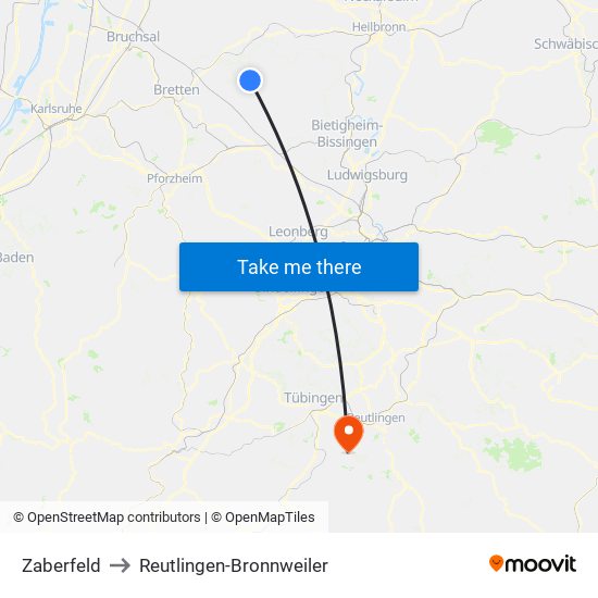 Zaberfeld to Reutlingen-Bronnweiler map