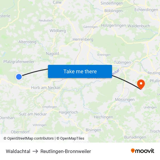 Waldachtal to Reutlingen-Bronnweiler map