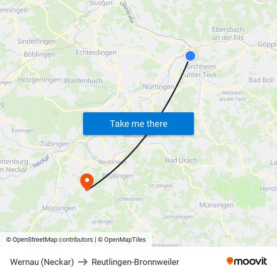 Wernau (Neckar) to Reutlingen-Bronnweiler map