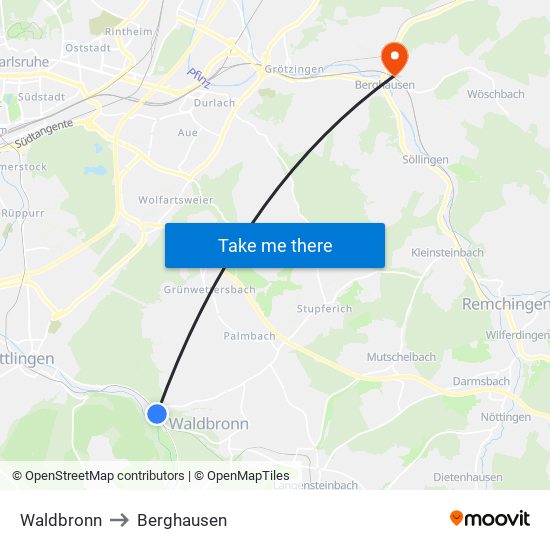 Waldbronn to Berghausen map