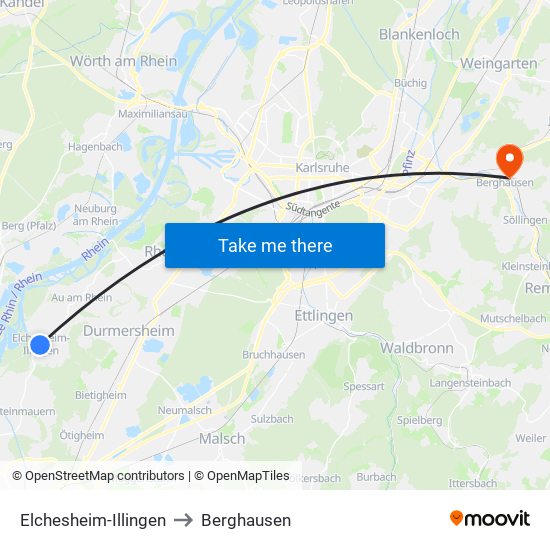 Elchesheim-Illingen to Berghausen map
