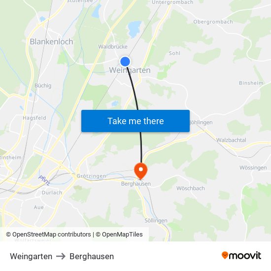 Weingarten to Berghausen map
