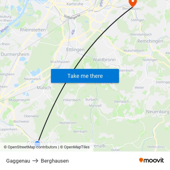 Gaggenau to Berghausen map