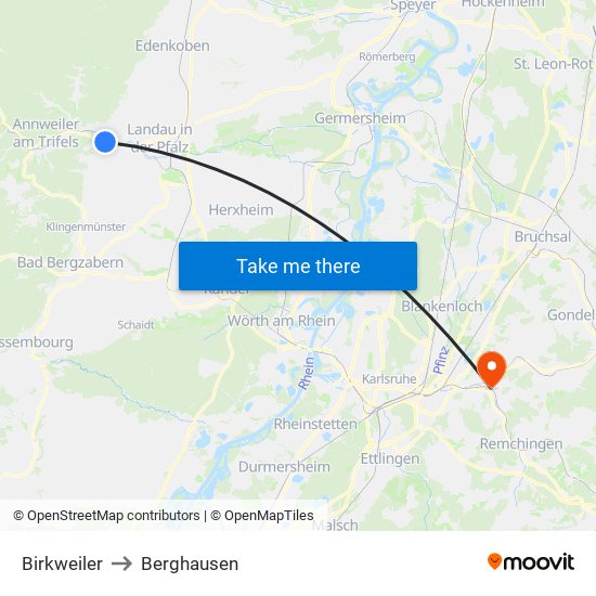 Birkweiler to Berghausen map