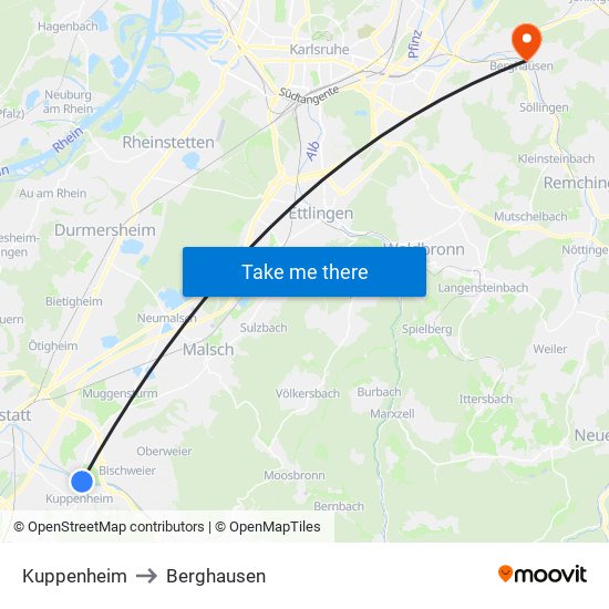 Kuppenheim to Berghausen map