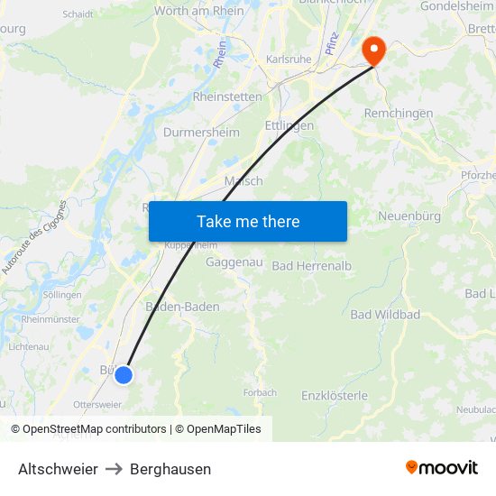 Altschweier to Berghausen map