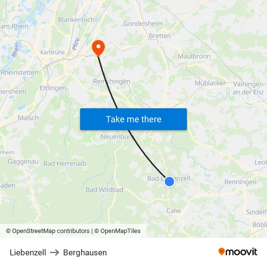 Liebenzell to Berghausen map