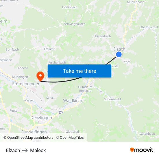 Elzach to Maleck map