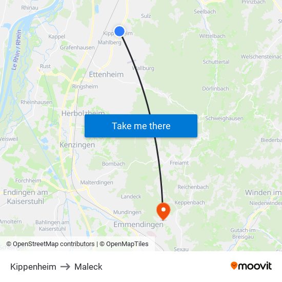 Kippenheim to Maleck map