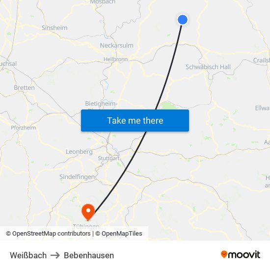 Weißbach to Bebenhausen map