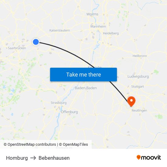 Homburg to Bebenhausen map