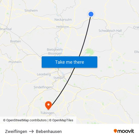 Zweiflingen to Bebenhausen map