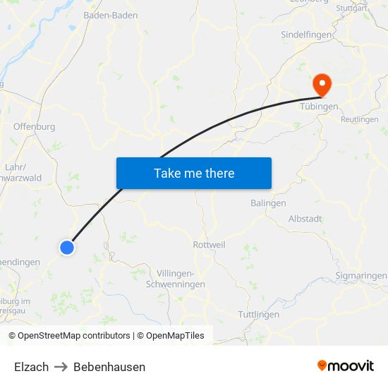 Elzach to Bebenhausen map