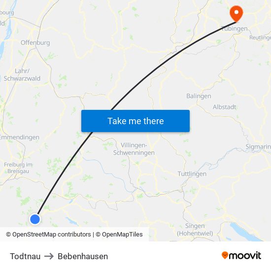 Todtnau to Bebenhausen map