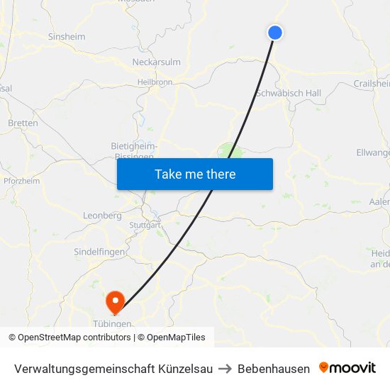 Verwaltungsgemeinschaft Künzelsau to Bebenhausen map