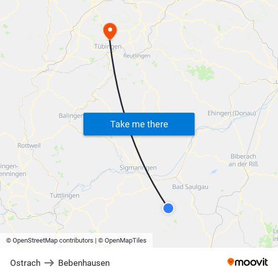 Ostrach to Bebenhausen map