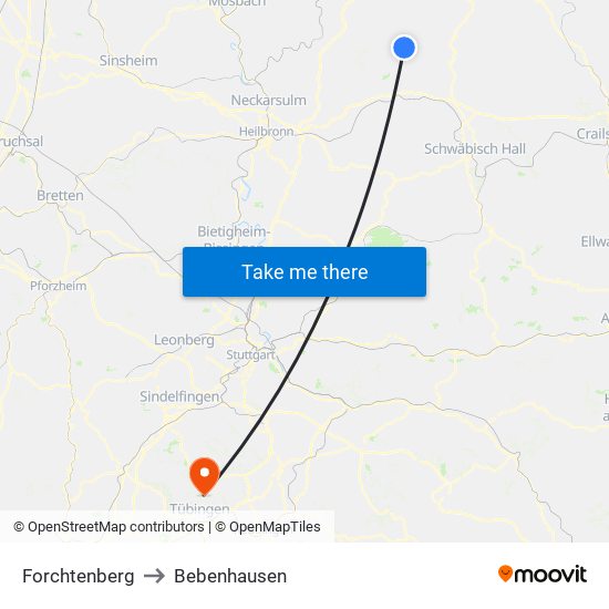 Forchtenberg to Bebenhausen map