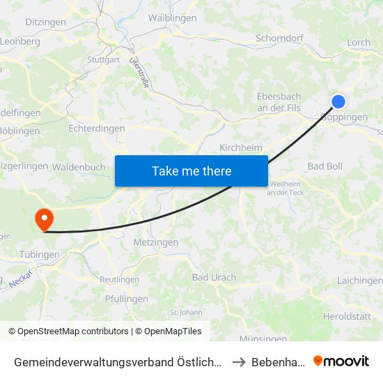 Gemeindeverwaltungsverband Östlicher Schurwald to Bebenhausen map