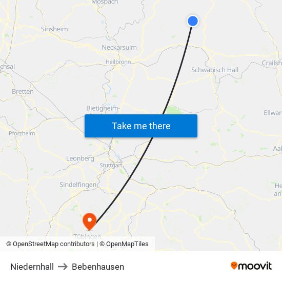 Niedernhall to Bebenhausen map