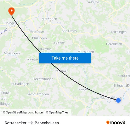 Rottenacker to Bebenhausen map