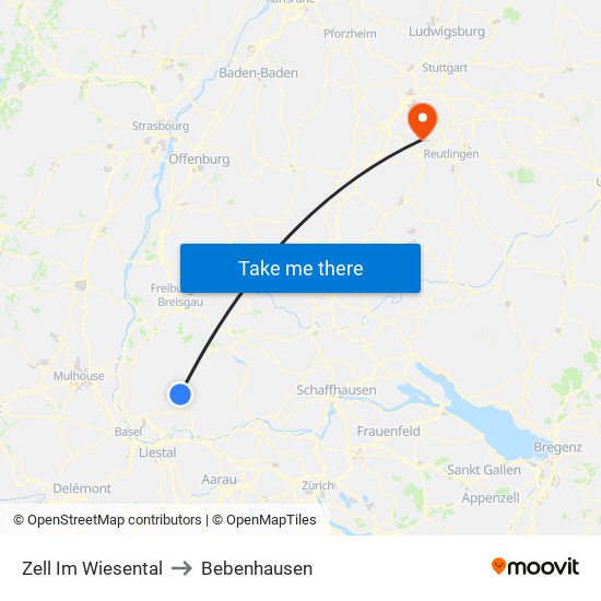 Zell Im Wiesental to Bebenhausen map