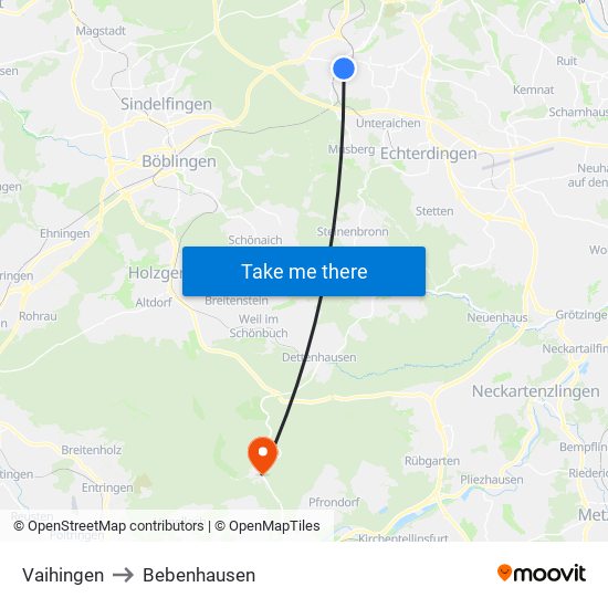 Vaihingen to Bebenhausen map