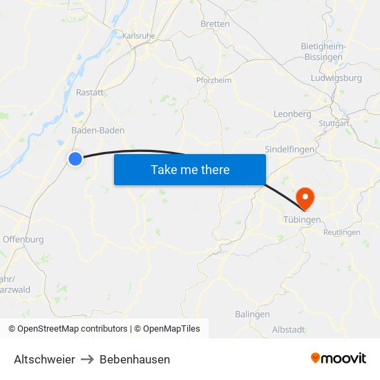 Altschweier to Bebenhausen map