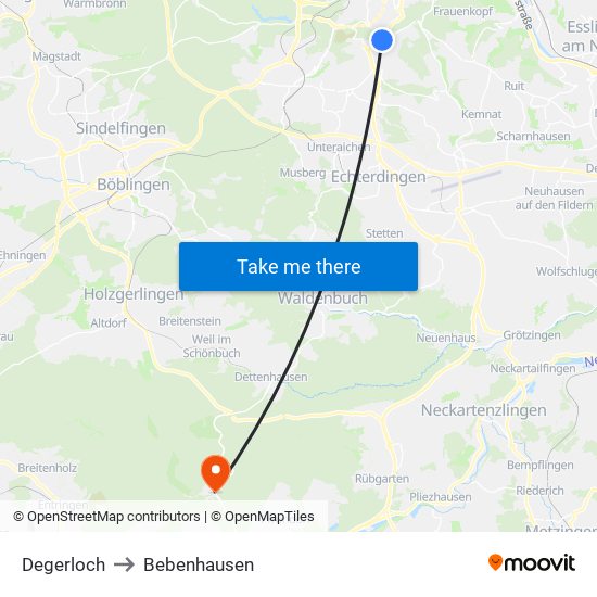 Degerloch to Bebenhausen map