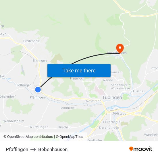 Pfäffingen to Bebenhausen map