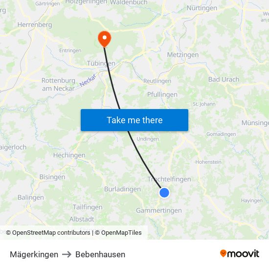 Mägerkingen to Bebenhausen map