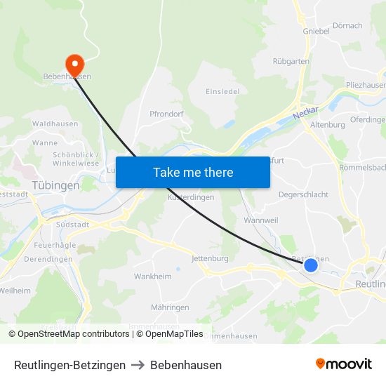 Reutlingen-Betzingen to Bebenhausen map